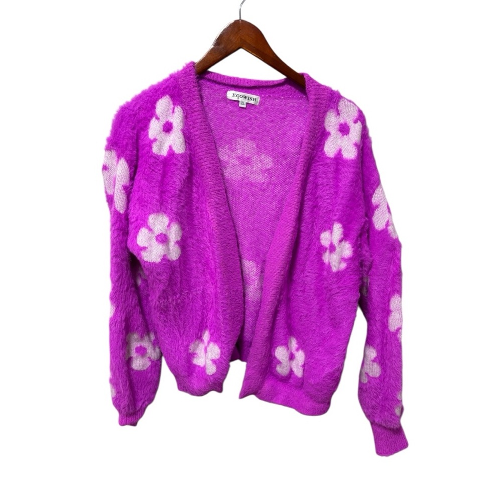 Purple Daisy Cardigan XL Soft Fuzzy Knit Coquette Fairycore Sweater